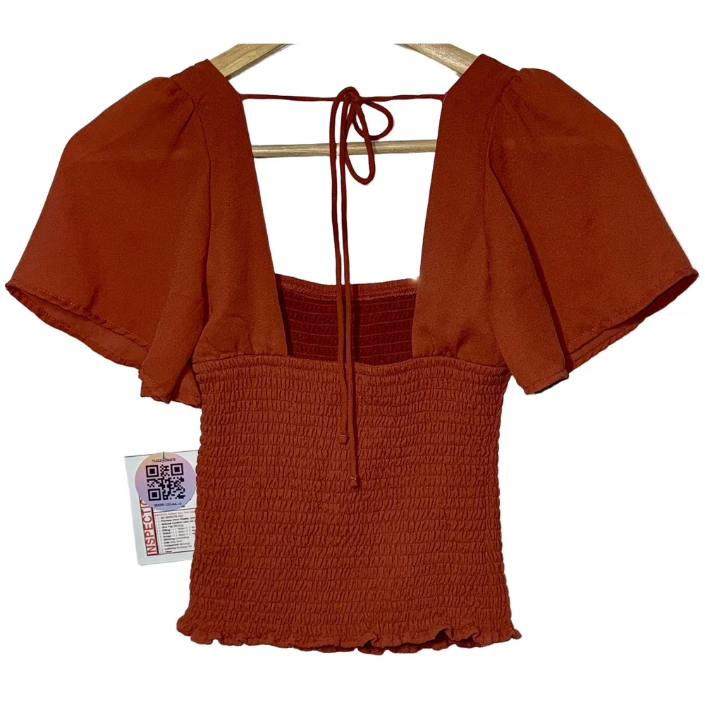 NEW Abercrombie & Fitch Red Smocked Bodice Puff Sleeve Short Sleeve Blouse Sz XS